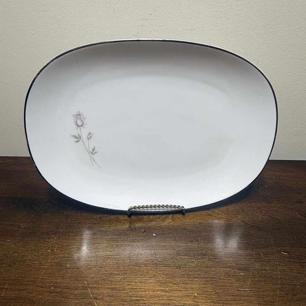 Noritake PASADENA 6311 Japan 11 1/2" Oval Pink Grey Rosebud Platinum Trim - Picture 2 of 9